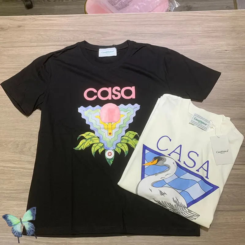 Kaus Касабланка Musim Panas Kaus Cetak Tenis Meja Katun Kualitas Tinggi for Pria Wanita Kaus Lengan Pendek Гавайский