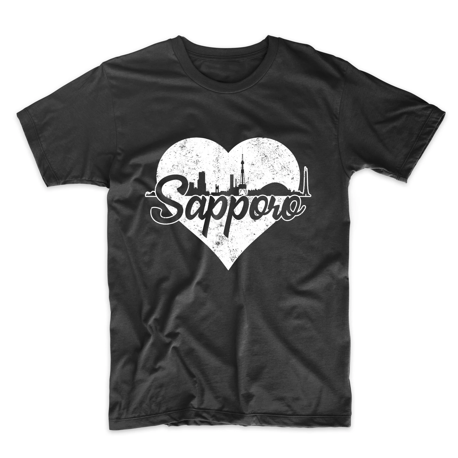 Мужская рубашка Sapporo-Ретро Sapporo Japan Skyline Heart Distressed T-Shirt.