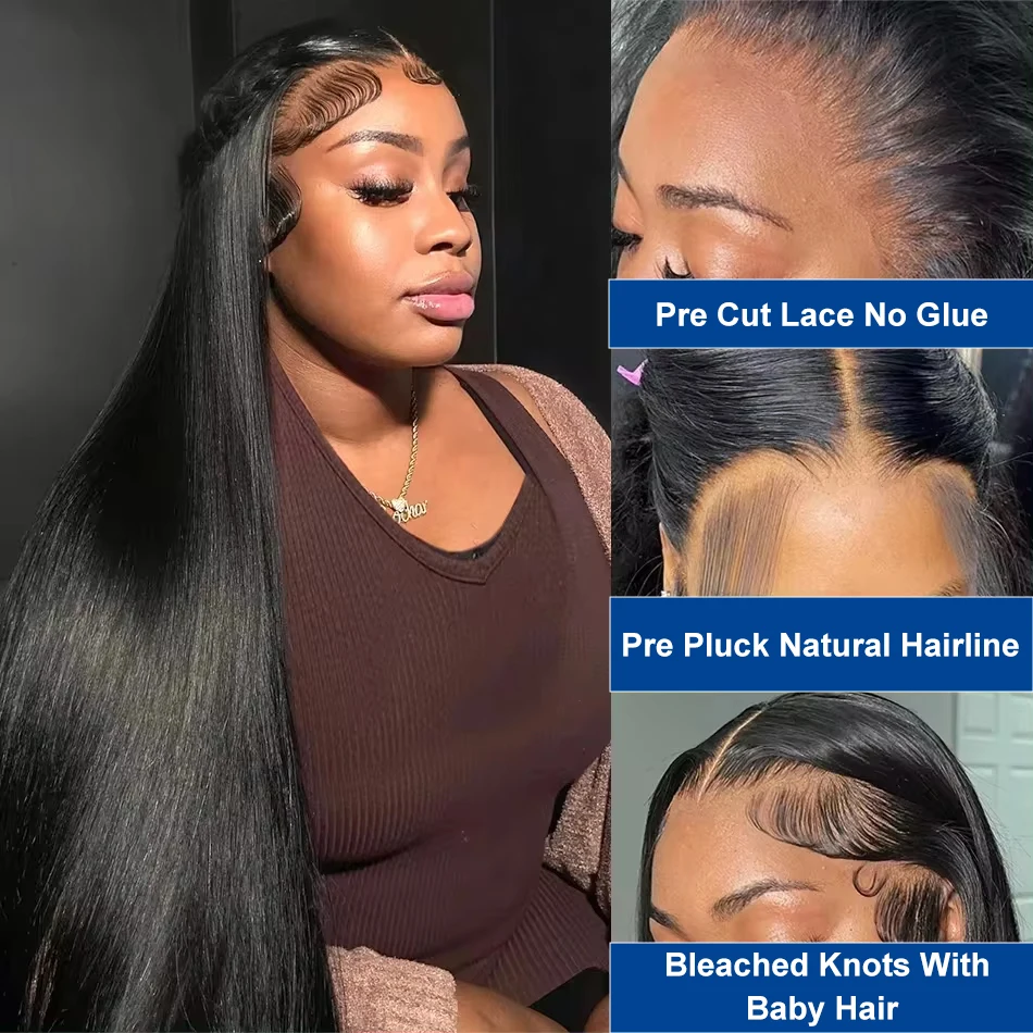 Фото Bone Straight Wear And Go Бесклеевой парик 34 36 дюймов Готовые к ношению парики Человеческие волосы 13x4 Предварительно выщипанные HD Прозрачный кружевной фронтальный парик №3
