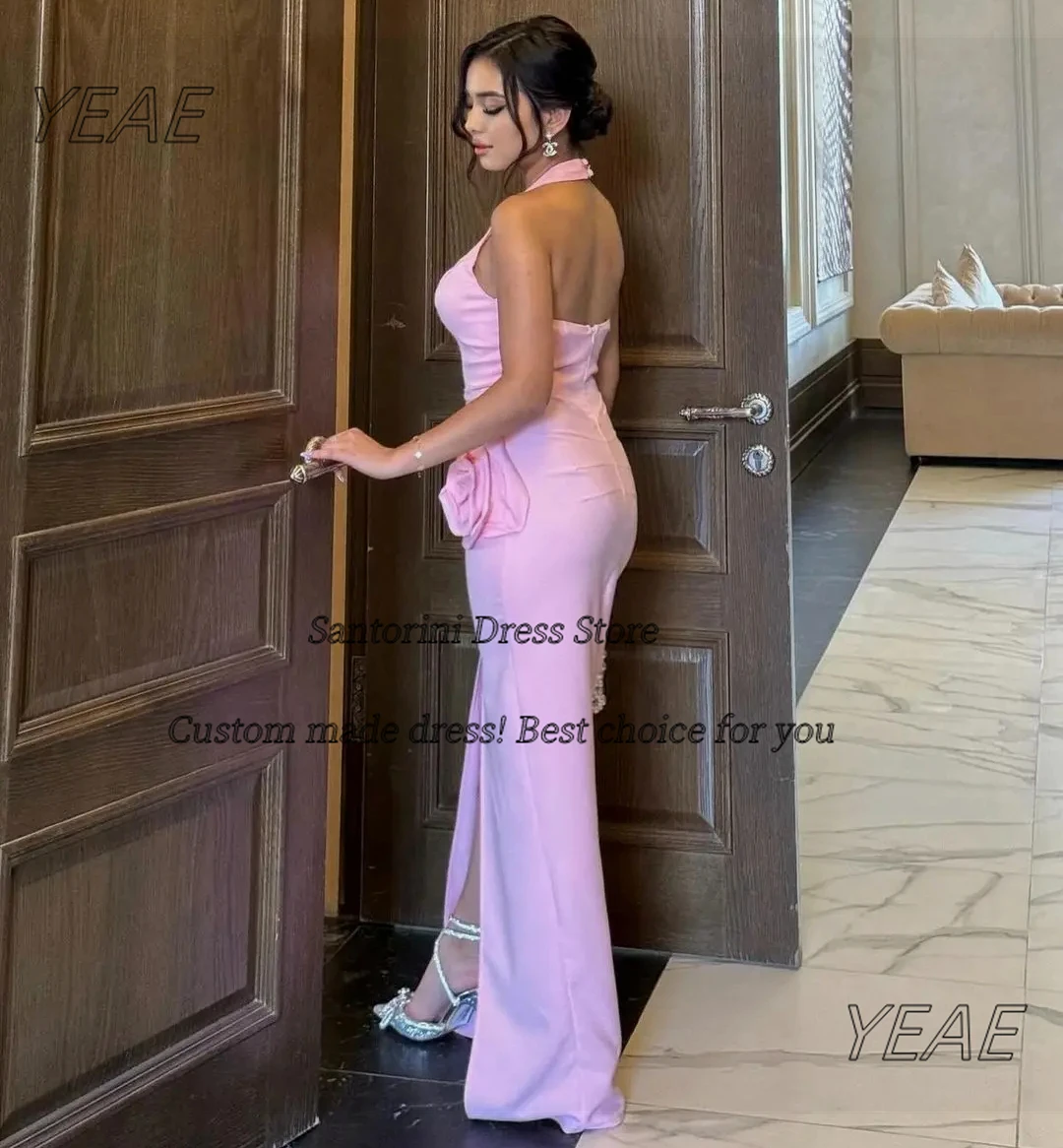 Фото Santorini Customized Pink Prom Dresses Halter V Neck Sleeveless Special Occasion Dress with Flowers Front Slit Prom Party Gowns №2