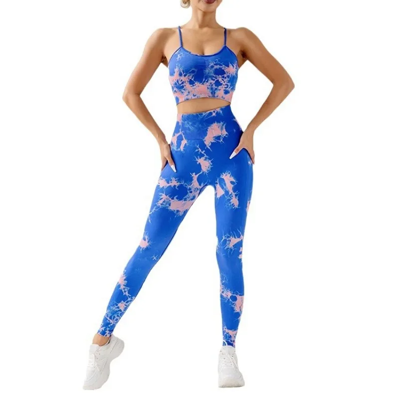 Фото Женский спортивный костюм Tie Dye для йоги, комплект для фитнеса и йоги, спортивная одежда, тренировочный бюстгальтер, леггинсы с высокой талией, одежда для спортзала, бесшовные спортивные костюмы №5