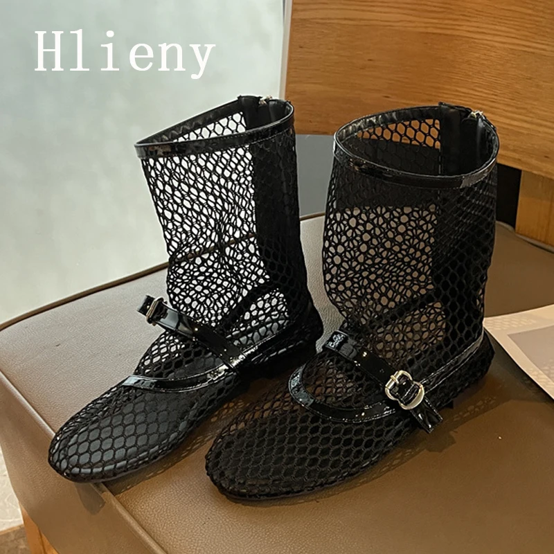 Фото Hlieny/летние женские ботинки из дышащей сетки с пряжкой и ремешком, туфли на плоской подошве с круглым носком и молнией, размер 35-43 №5