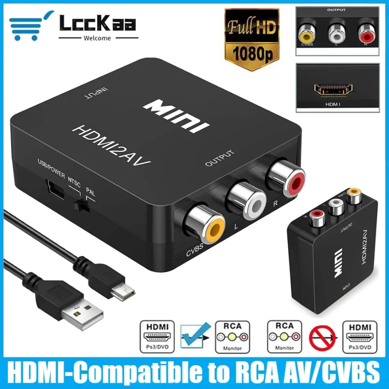 Конвертер HDMI в RCA с USB-кабелем HD 1080p Конвертер видео-аудио HDMI в AV для телевизора VHS VCR DVD Ноутбук ПК HDTV PS3