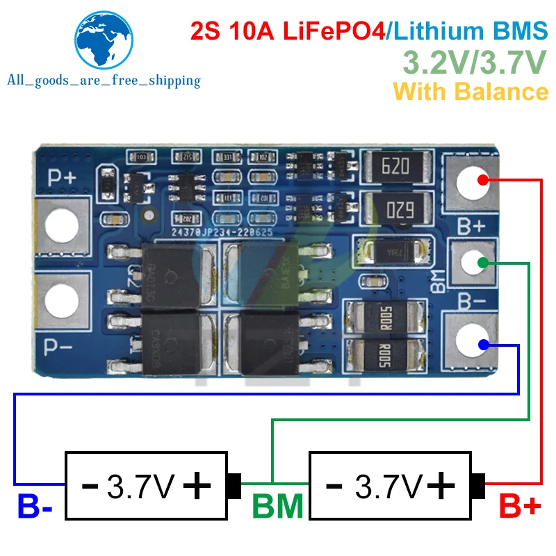 Фото TZT BMS 2S 3,2 в 3,7 в 10 А Защитная плата заряда LiFePO4/литиевой батареи 6,4 В 7,2 В 18650 32650 аккумуляторные блоки с балансом №3