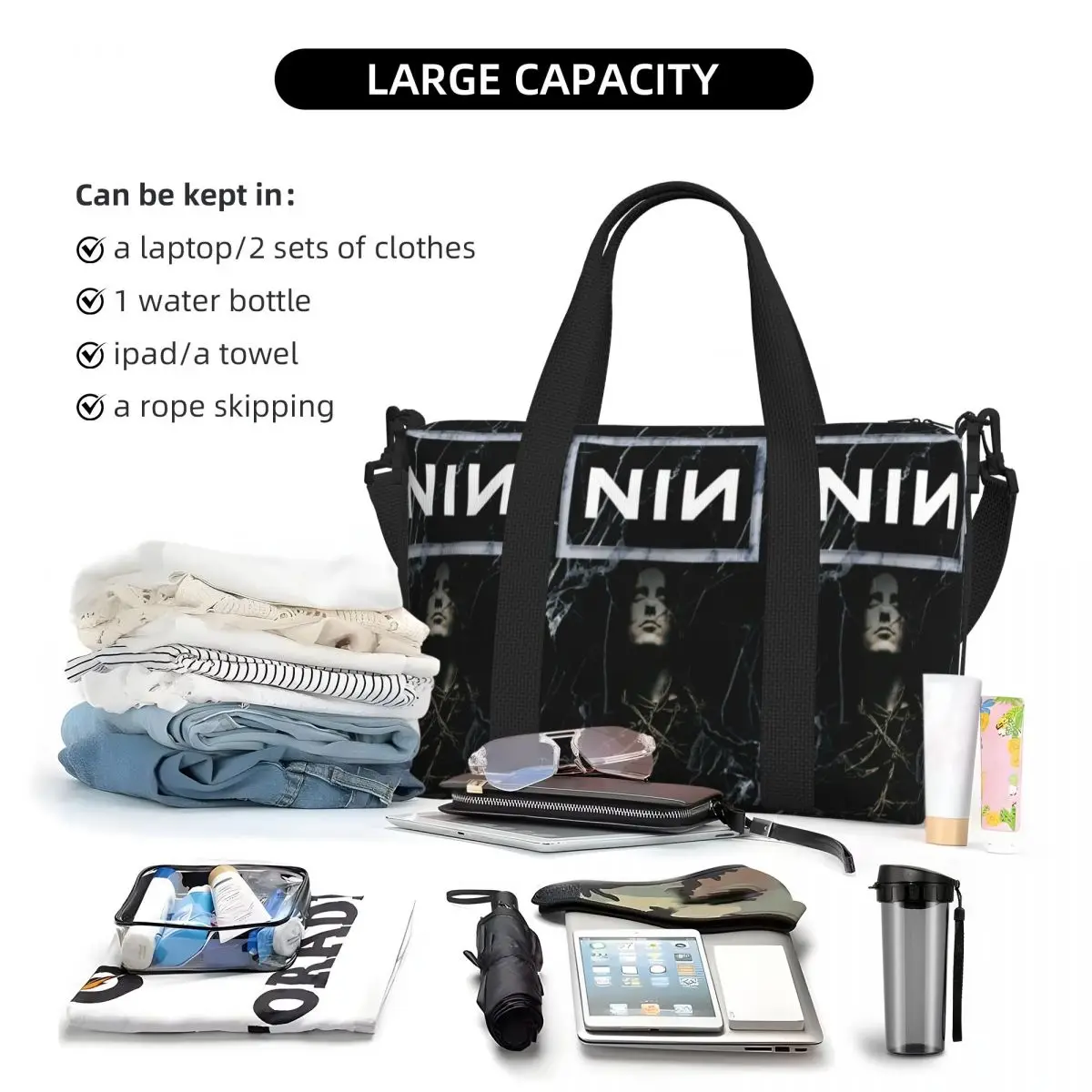 NIN Nine Inch Naills Rock Band Пляжная дорожная сумка Большая вместительная сумка-тоут для тренажерного зала Йога Женская дорожная сумка для покупок (art.: 3920d15cf888d) - 3920d15cf888d