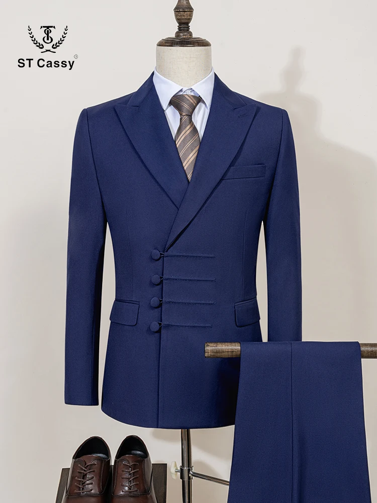 ST Cassy blue Элегантный мужской костюм на свадьбу Slim Fit Двубортный комплект с несколькими пуговицами Повседневный деловой мужской комплект одежды из 2 предметов