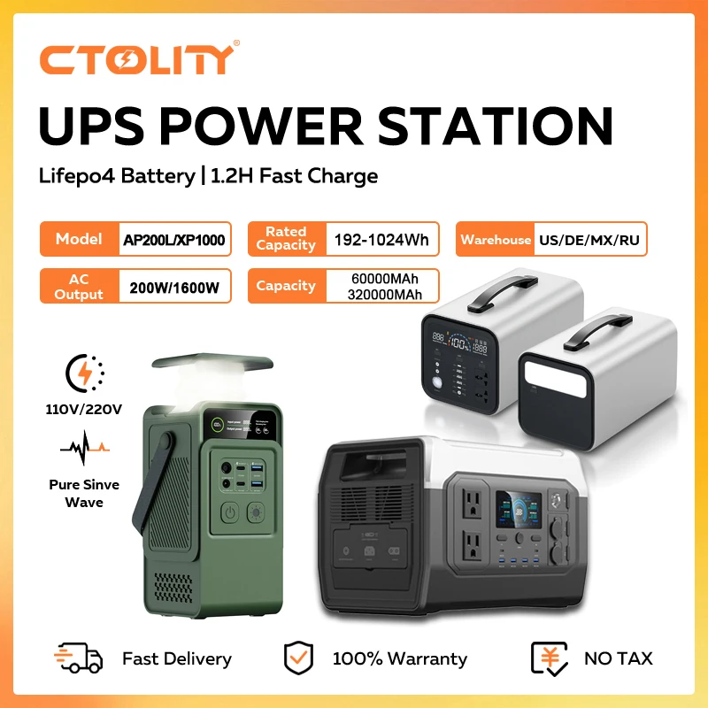 Электростанция CTOLITY 1800 Вт, 192 Втч, 1024 Втч, аккумулятор Lifepo4 для кемпинга, солнечный генератор 200 Вт, аварийное питание, светодиодный светильник USB TYPE-C Аксессуары и запчасти