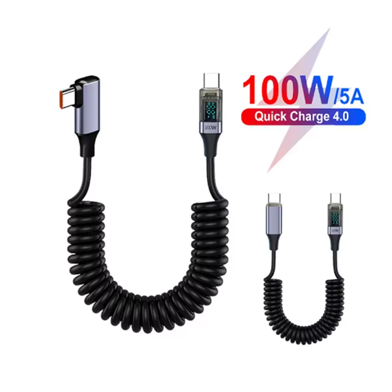 PD100W Пружинный USB-кабель для передачи данных типа C со светодиодным цифровым дисплеем, 5 А, тип-C, кабель для быстрой зарядки для iPhone 15 Pro Max iPad Samsung