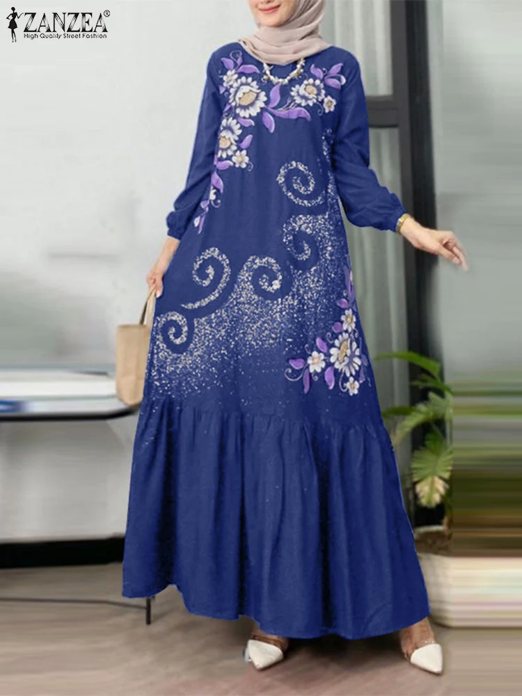 Весеннее мусульманское платье макси Abaya ZANZEA, женское модное аминовое платье с длинным рукавом, Дубайский сарафан в богемном стиле с цветочным принтом, 2024