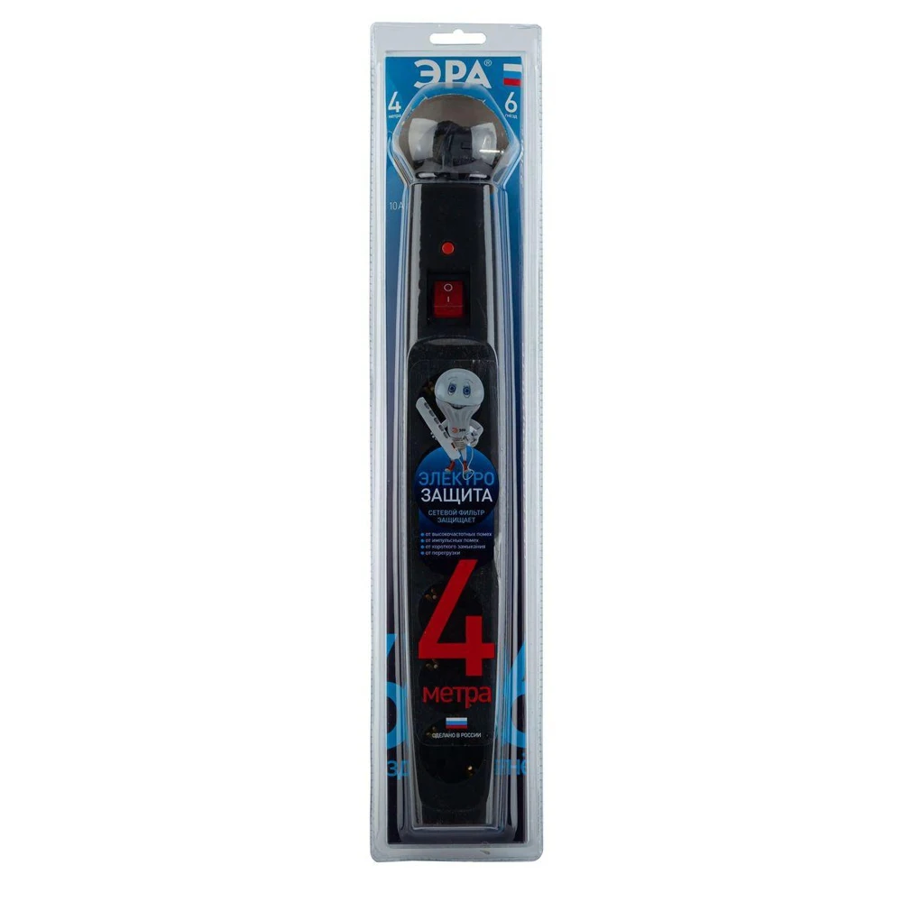 Фото Сетевой фильтр ЭРА, SFX-6es-4m-B, Б0044026, 4м с/з, 6 гнезд, черный №3