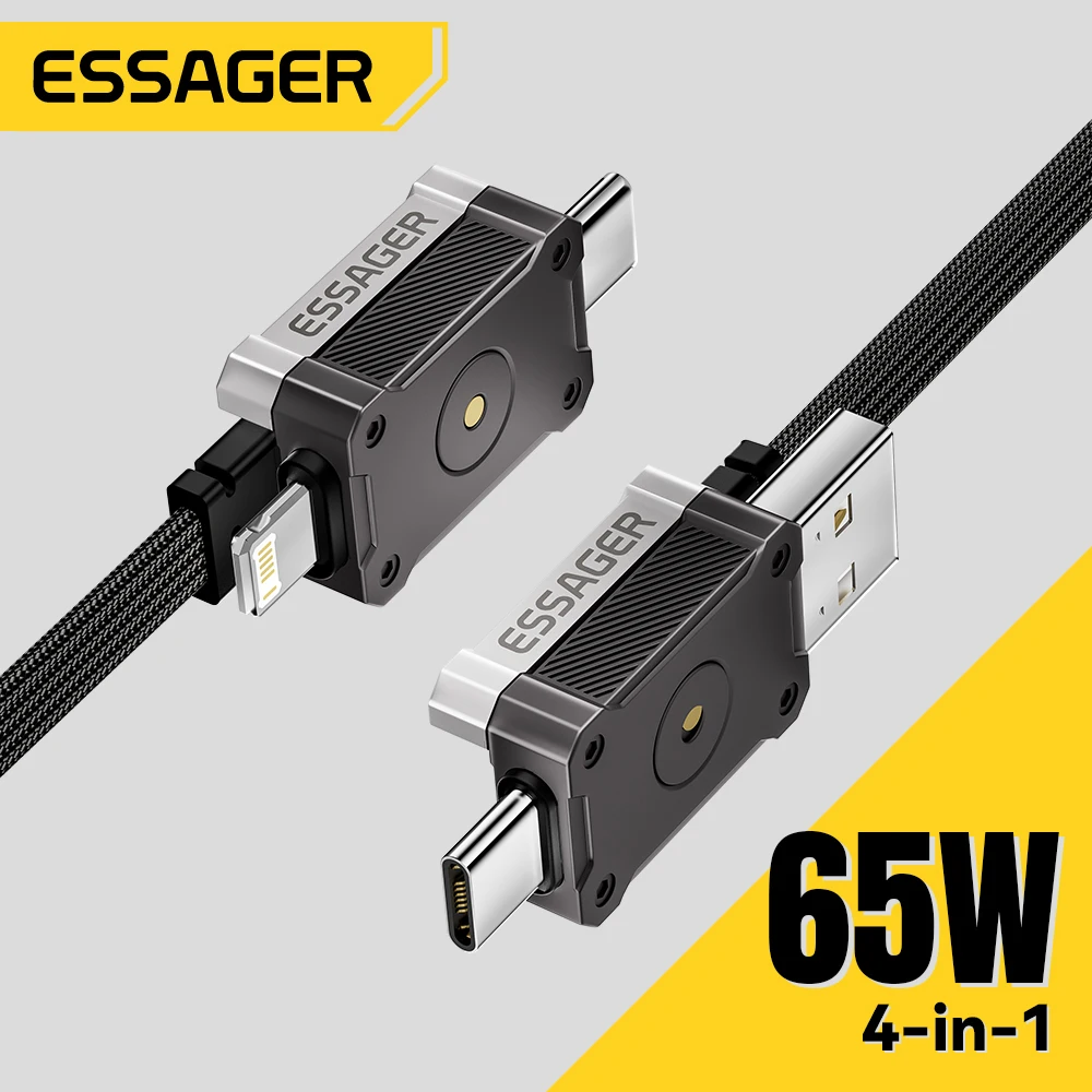 Essager 65 Вт 4 в 1 USB C-кабель Mecha Кабель для быстрой зарядки для iPhone 16 15 14 Xiaomi Macbook Type C Многопортовый провод для быстрой зарядки