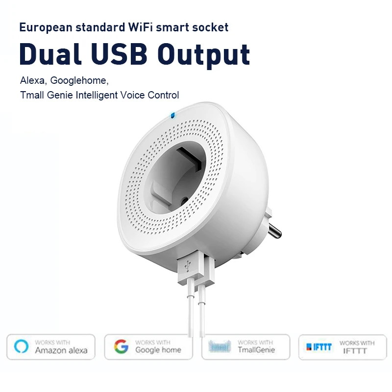 Фото Умная розетка Alexa Google Home, умная Беспроводная розетка с двумя Usb-портами, с таймером, для Alexa Google Home №2