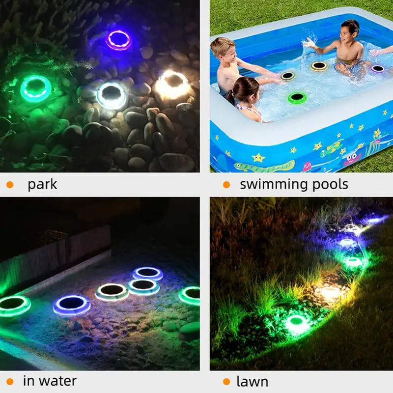 Фото Солнечные фонари для бассейна, меняющие цвет RGB IP 68, водонепроницаемый солнечный светильник для бассейна, круглый, 1800 мАч, устойчивый к ультрафиолетовому излучению, автоматическое включение/выключение №4