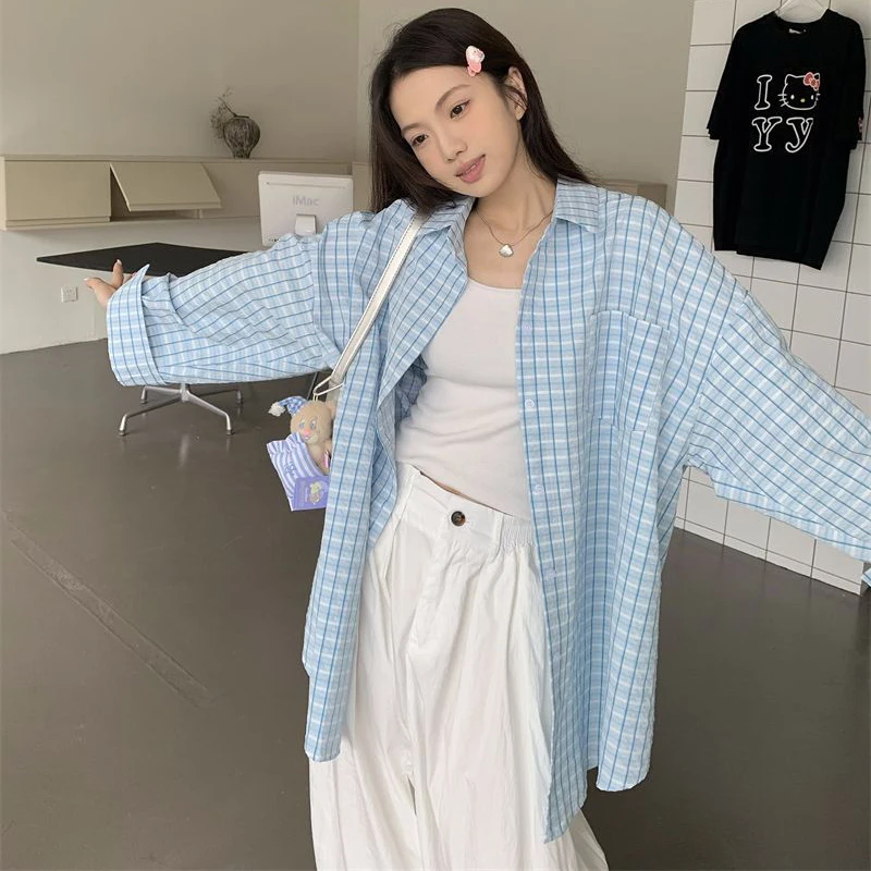 Фото Harajuku свободная клетчатая рубашка женская весна лето негабаритная блузка с отложным воротником женская корейская шикарная рубашка с длинным рукавом женские №2