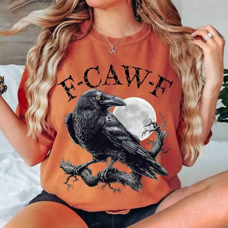 Футболка с рисунком F-Caw-F Raven и рубашкой с луной и веткой, рубашка в готическом вороны F-Caw-F, готика, рубашка в стиле Хэллоуина