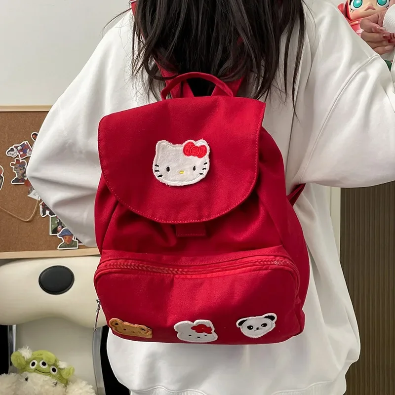 Винтажный красный женский рюкзак Xiuya, Холщовый милый рюкзак с рисунком Hello Kitty, модный простой кавайный рюкзак в японском стиле