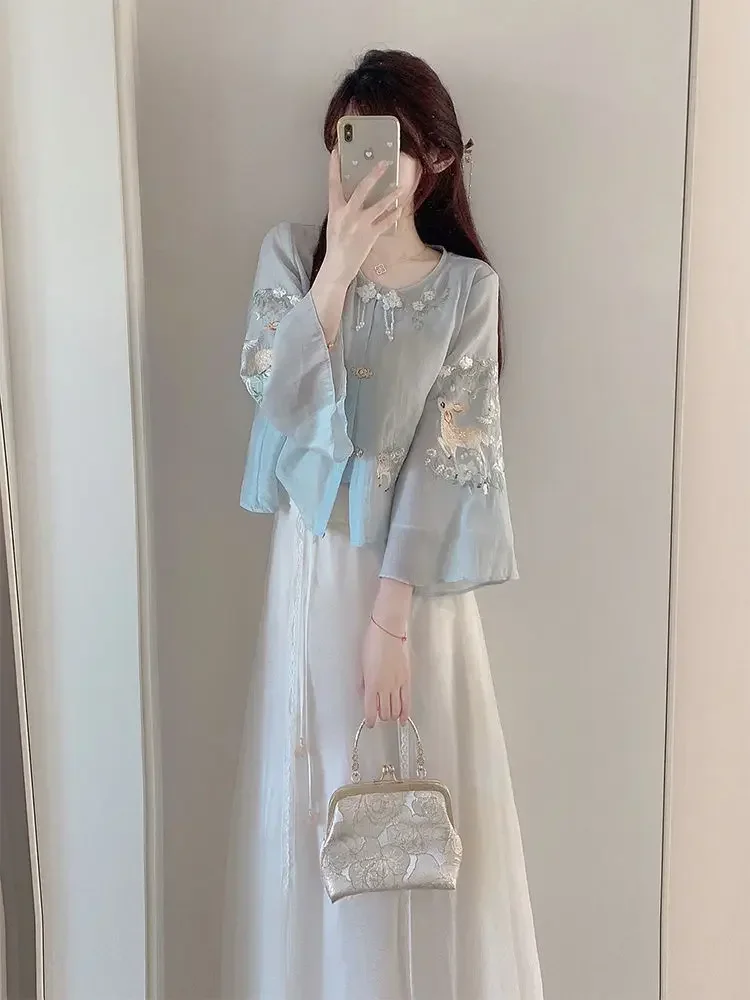 Осенний Новый Улучшенный шифоновый Повседневный женский топ Hanfu в китайском стиле с высокой талией и юбкой с вышивкой для женщин