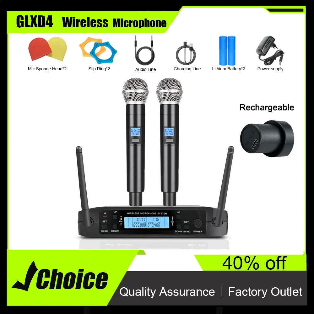 Профессиональный беспроводной двухканальный микрофон GLXD4, UHF Перезаряжаемый для выступлений, выступлений, прямых трансляций без шума