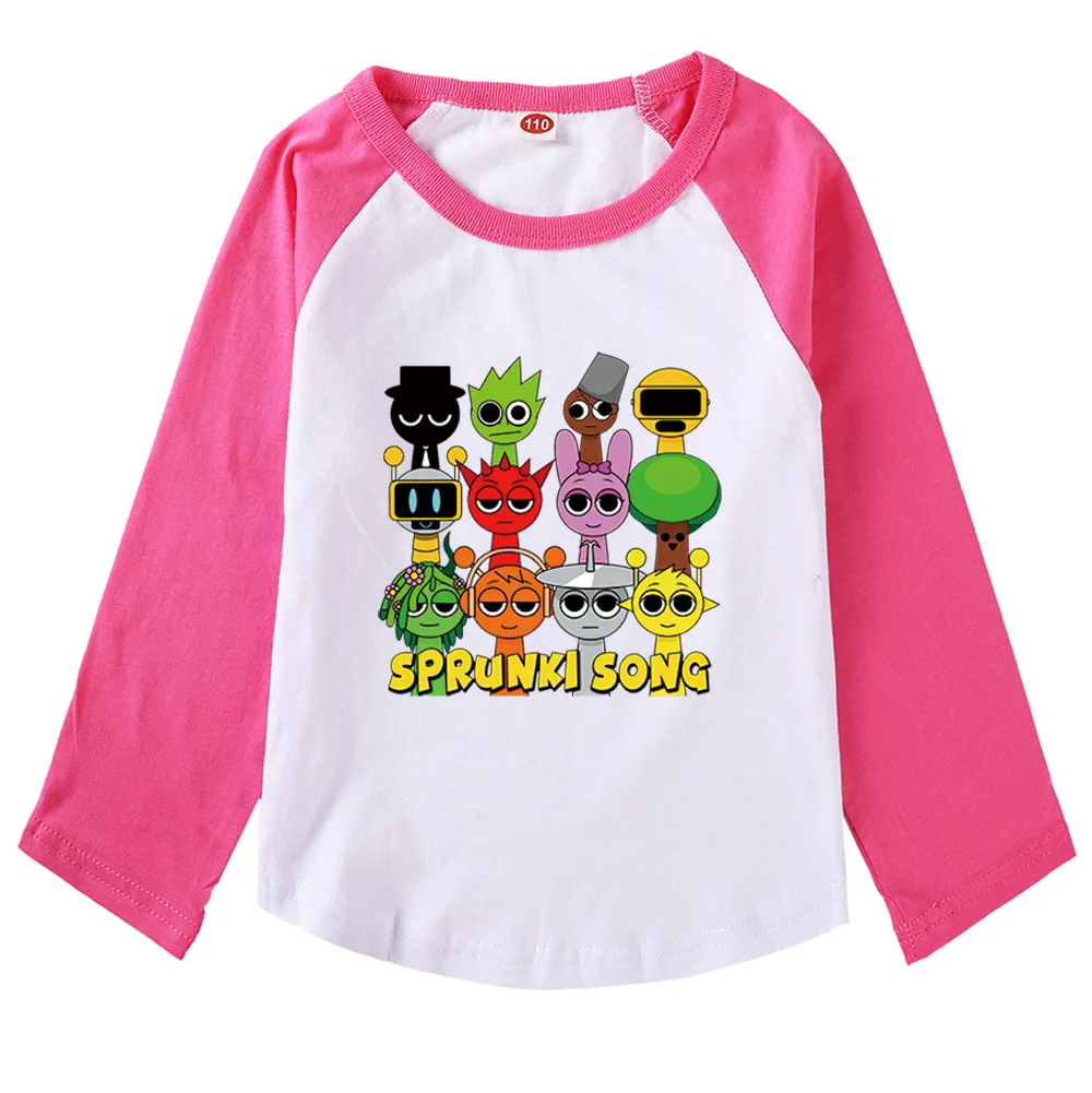 Фото Милая одежда с героями мультфильмов Sprunki, детская футболка с изображением ужасов Incredibox, весенне-осенняя хлопковая футболка для девочек и мальчиков, детский топ с длинными рукавами №2