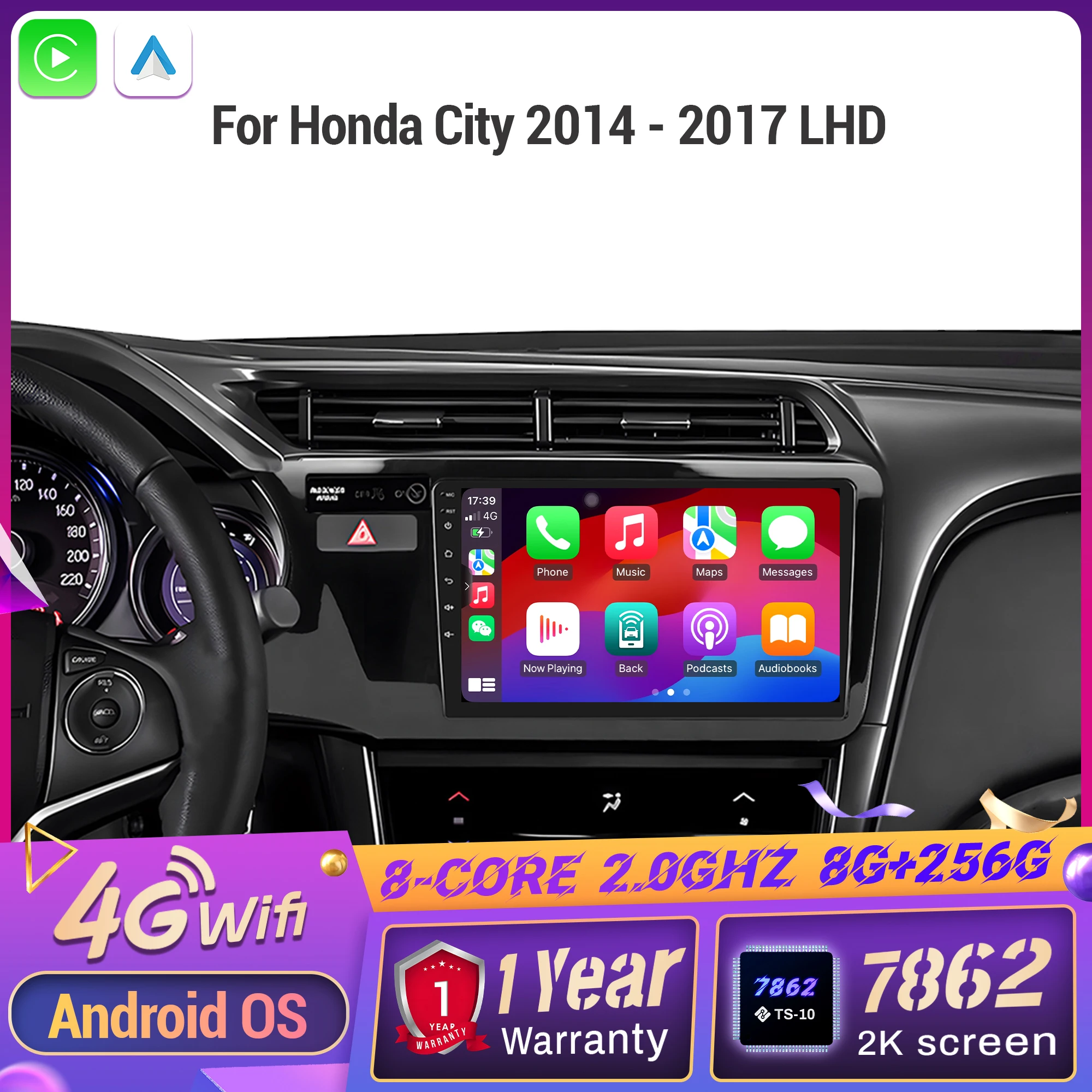 Автомобильный радиоприемник Android 14 для Honda City 2014-2017 с левым рулем, навигация, мультимедиа, беспроводной BT Carplay, сенсорный экран 2K QLED