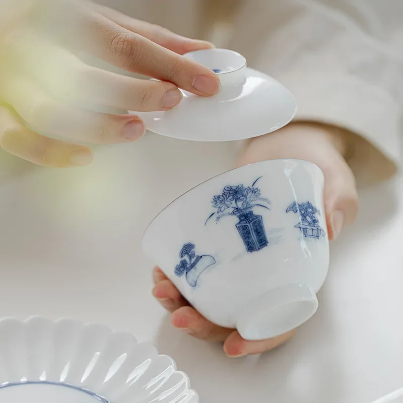 Фото Милая белая миска с крышкой Белая фарфоровая миска с крышкой Sancai Керамический чайный сервиз кунг-фу Чайная миска Gaiwan №2