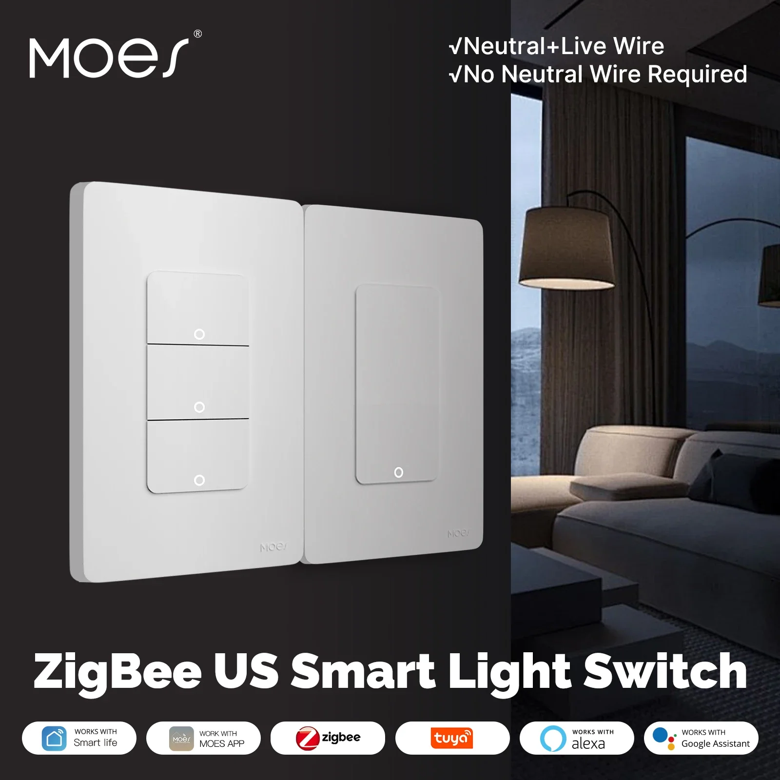 MOES Tuya Zigbee Smart Switch, версия для США, 1-4 банда, выход на землю, нейтральный провод, приложение, дистанционное управление, работает с Alexa Google Home