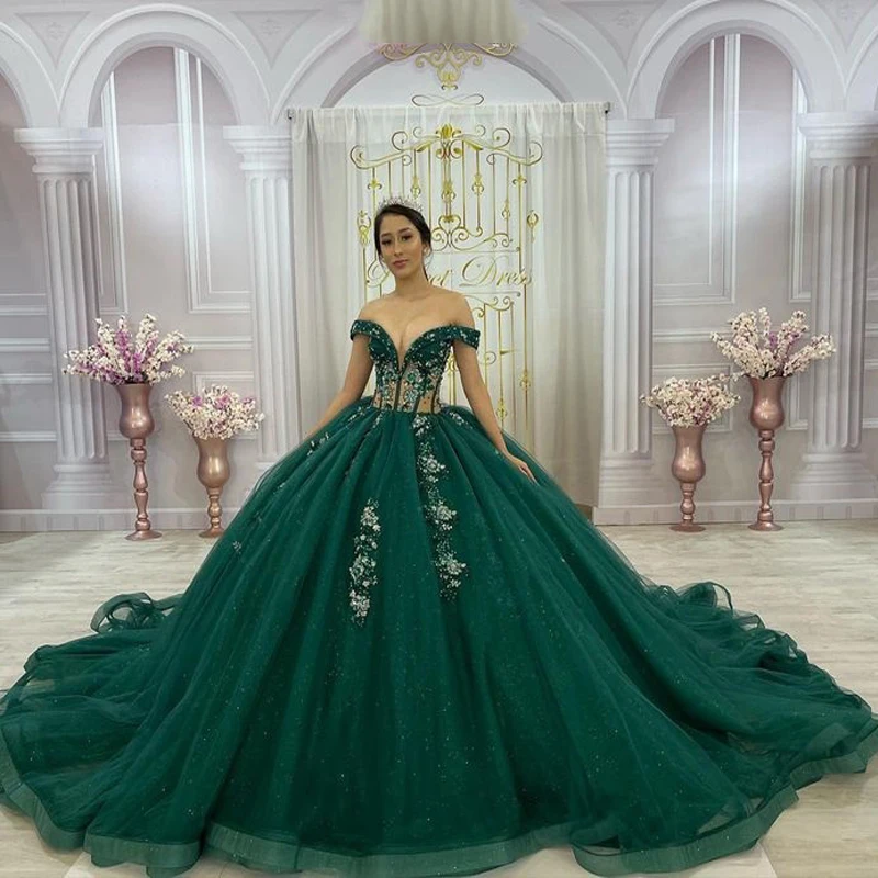 Зеленое блестящее платье Quinceanera, бальное платье с аппликацией из тюля, пышные сексуальные платья, милое платье принцессы на день рождения для девочек 16 лет