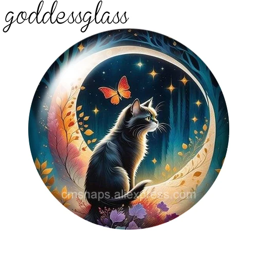 Фото New Moon night Black cat mysterious patterns 10pcs 12mm/18mm/20mm/25mm Round Photo glass cabochon demo flat back Making findings №5