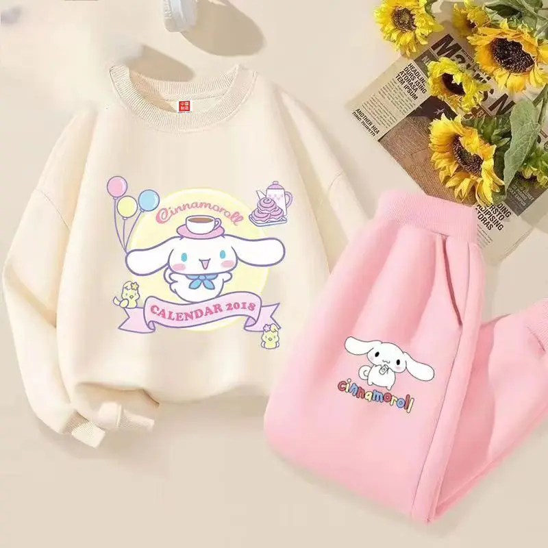 Фото 2024 Miniso Kuromi Cinnamoroll детские толстовки и брюки комплекты весна-осень для мальчиков и девочек аниме спортивный костюм милая детская одежда подарок №2