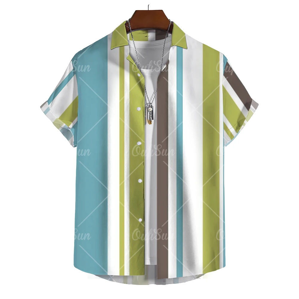 Фото Гавайские мужские полосатые рубашки для блузки, мужская Camisa Social, повседневный топ с короткими рукавами, негабаритная спортивная одежда, модная мужская винтажная одежда №4