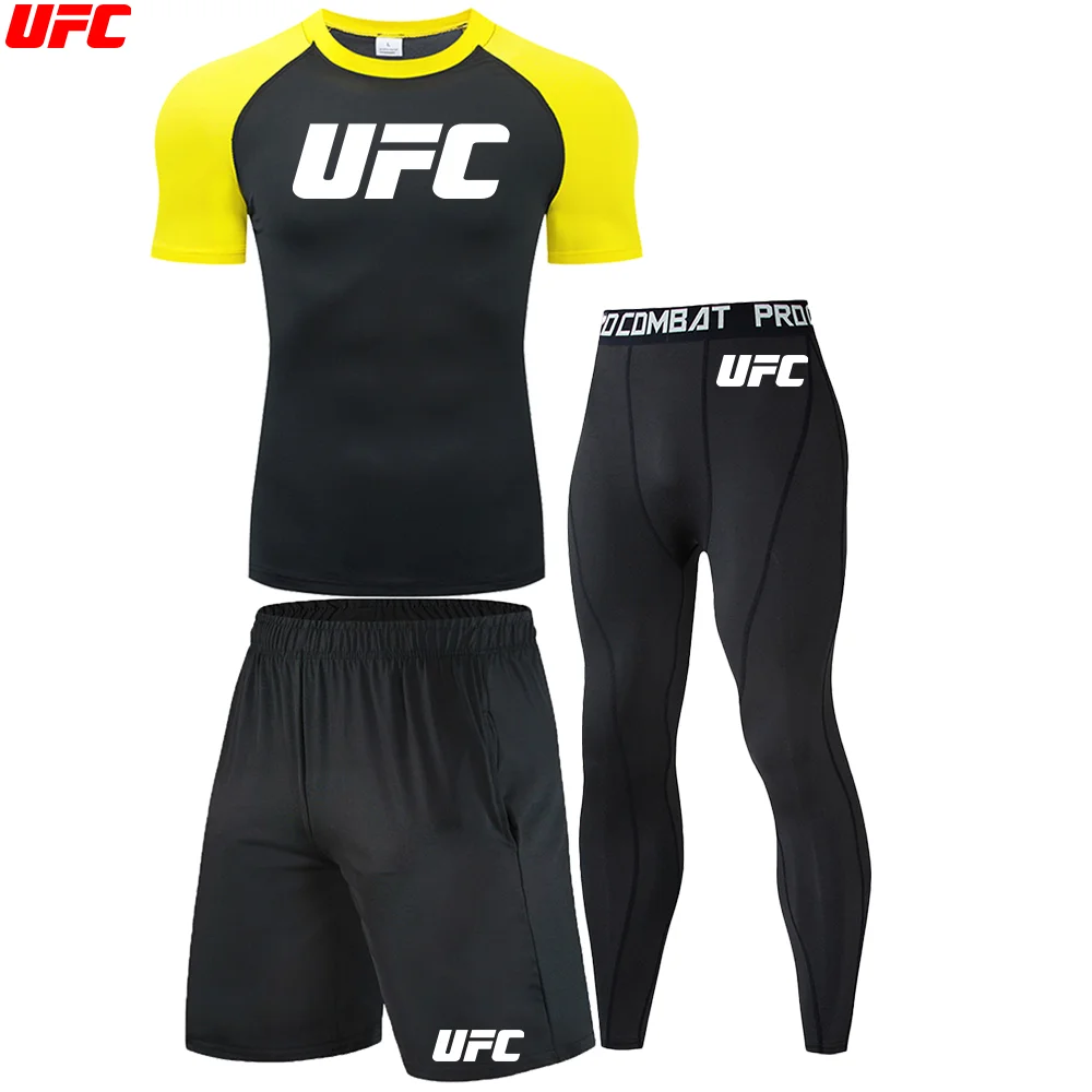UFC Мужская тренировочная лоскутная футболка с круглым вырезом, повседневный спортивный топ, костюм для фитнеса/; леггинсы, спортивный костюм для похудения, комплекты для фитнеса для мужчин