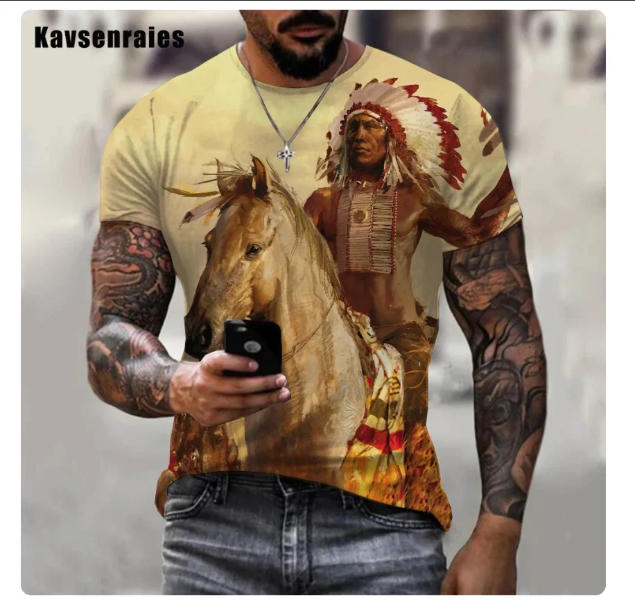Фото Kaus 3D gambar grafis Indian kaus antik kepribadian kaus pola karakter menarik atasan kasual pria wanita 6XL №1
