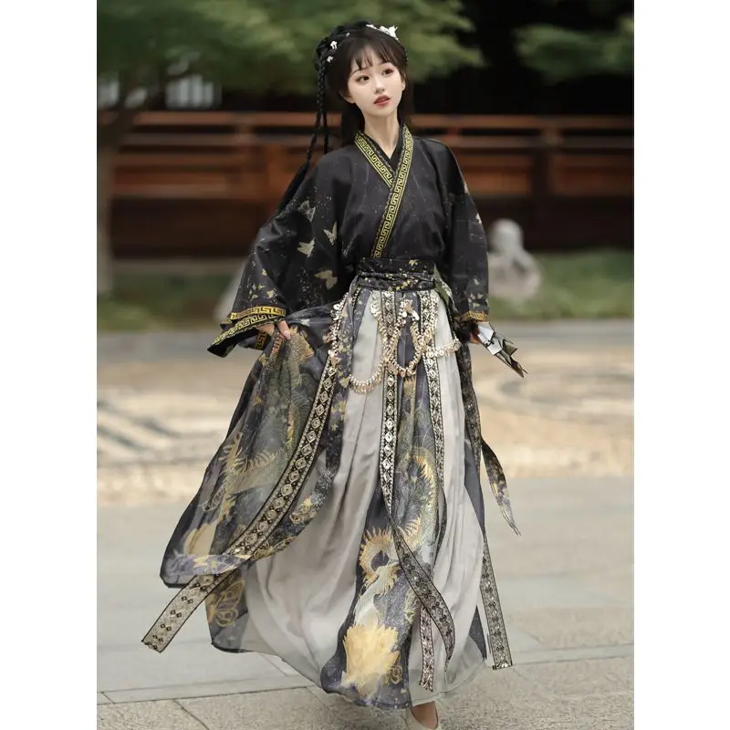 Женский костюм в китайском стиле Hanfu Wei Jin, традиционная китайская юбка с воротником, юбка на талию, повседневный костюм для осени и зимы