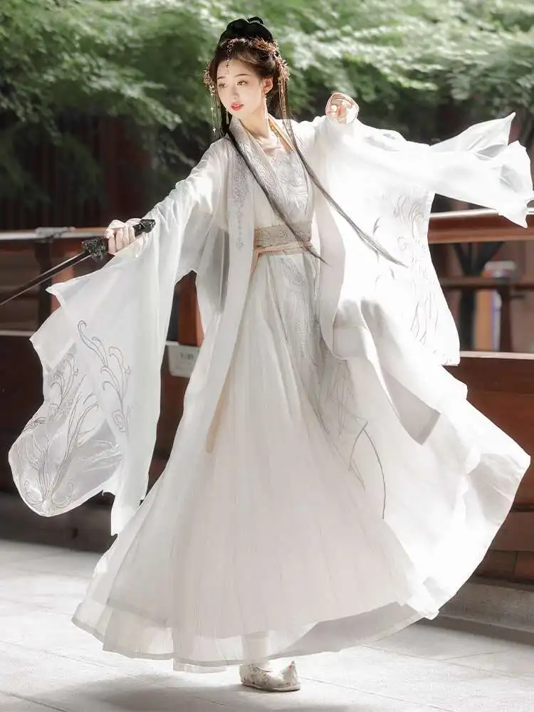 Фото Новая женская фея Hanfu, белая рубашка с большими рукавами, юбка длиной до талии, юбка Ru, верхняя рубашка с большими рукавами, топ, подтяжки, Cos №2