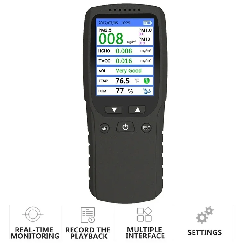 Фото Новый монитор 8 в 1, PM1,0 PM2,5 PM10, TVOC HCHO, детектор формальдегида, измеритель температуры и влажности, монитор качества воздуха, газоанализатор №2