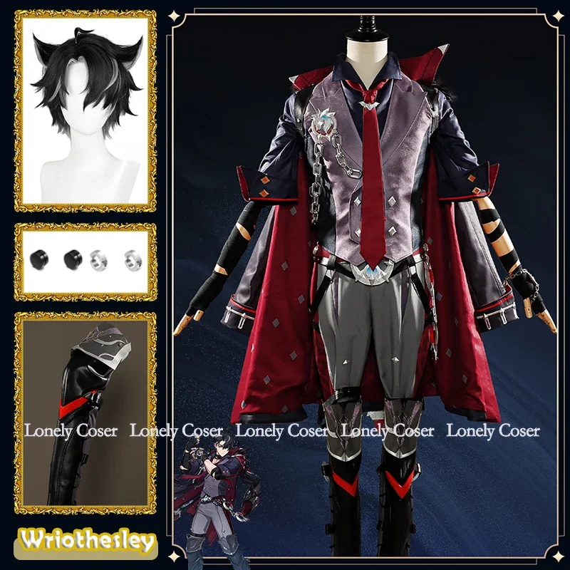 Wriothesley Косплей Костюм Genshin Impact Парик Игра Зажимы Для Ушей Леггинсы Плащ Брюки Перчатки Фонтейн Хэллоуин Мужчины^0^.