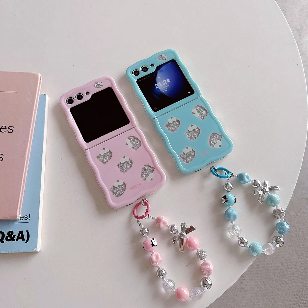 Блестящий чехол для телефона Kawaii Hello Kitty с браслетом для Samsung Galaxy Z Flip 3 4 Z Flip 5 6 5G PC жесткий противоударный чехол
