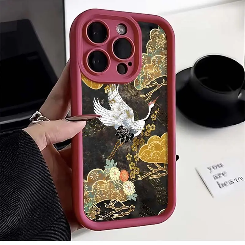 Фото Чехол для iPhone в китайском стиле с красной короной и журавлем для iPhone 16, 15, 14, 13, 12, 11 Pro Max XR XS MAX 78 PLUS INS, мягкий противоударный чехол №3