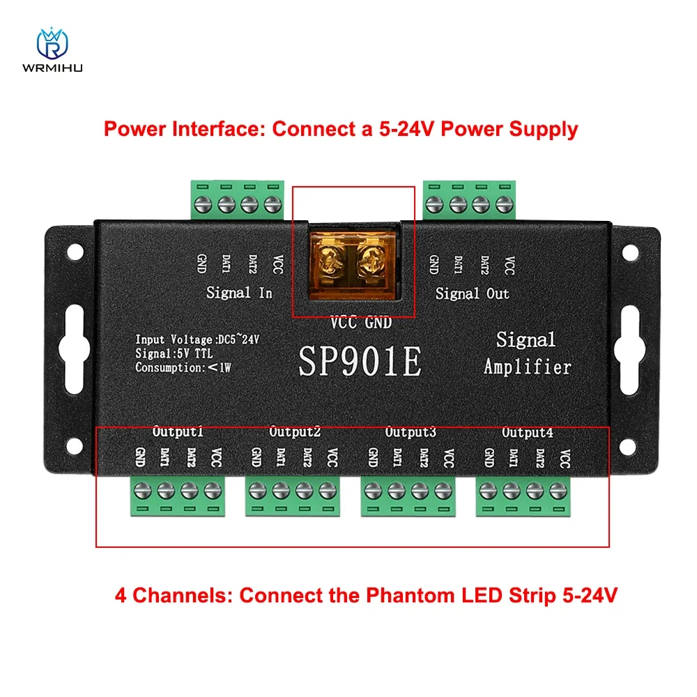 Фото SP901E SPI усилитель сигнала повторитель 4CH DC5-24V для WS2812B WS2811 WS2813 адресуемый Dream LED RGB Magic Strip Pixel Light №4