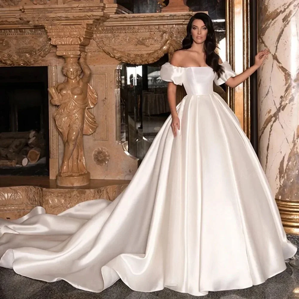 Фото A-Line Classy Wedding Dresses For Women Off the Shoulder Boat Neck  Chapel Train Wedding Gown Vestido De Novia Customize №3