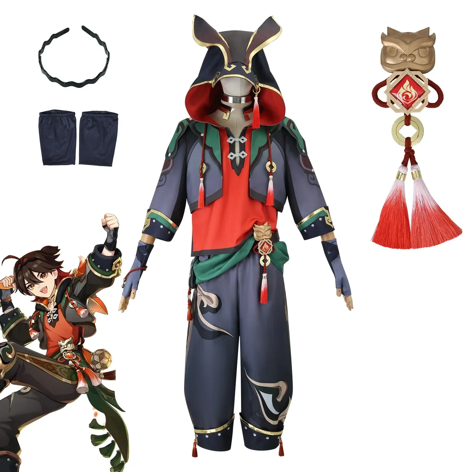 Игровой костюм для косплея Genshin Impact Ga Ming Gaa Ming, одежда для косплея Liyue Lion Boy, набор из парика Jia Ming, обувь, реквизит