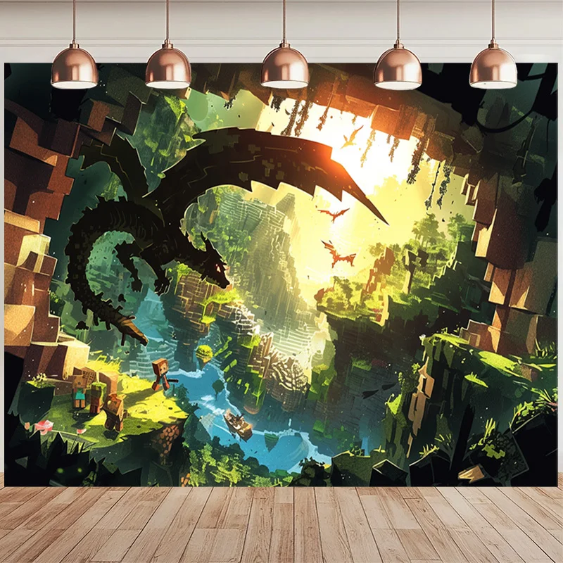 Гобелен Minecraft Dragon — с украшением Majestic Dragon, замачиваемый над пиксельным пейзажем, идеально подходит для удаления ударов