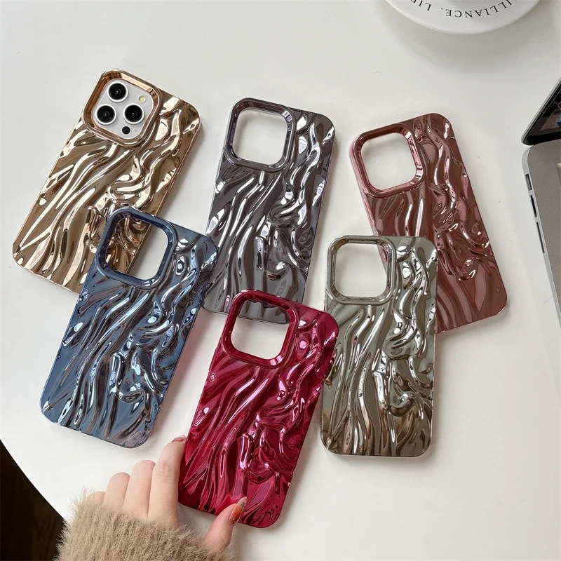 Глянцевый 3D чехол для iPhone с водной рябью для iPhone 16, 15, 14 plus 13, 12, 12 Pro Max 11, мягкая силиконовая задняя крышка, розовый, фиолетовый