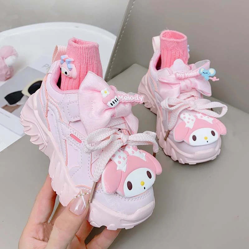 Фото Sanrios My Melody Kuromi аниме Kawaii осень-зима детские кроссовки Мультяшные милые женские Папины туфли мягкая подошва на липучке детская обувь №2