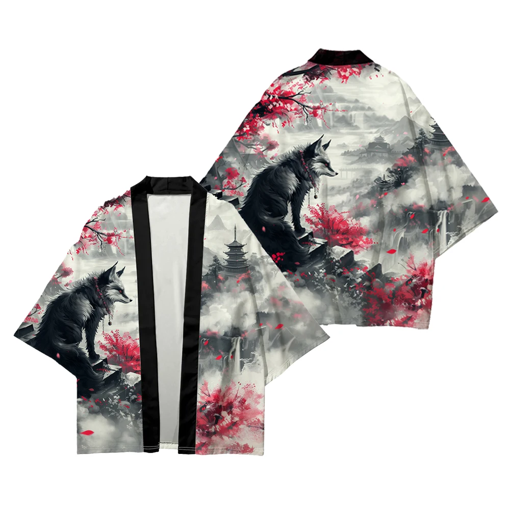 Nine Tailed Fox Demon Printed Kimono Traditional Asian Clothes Crane Graphic Japanese Cardigan Harajuku Haori Samurai Streetwear