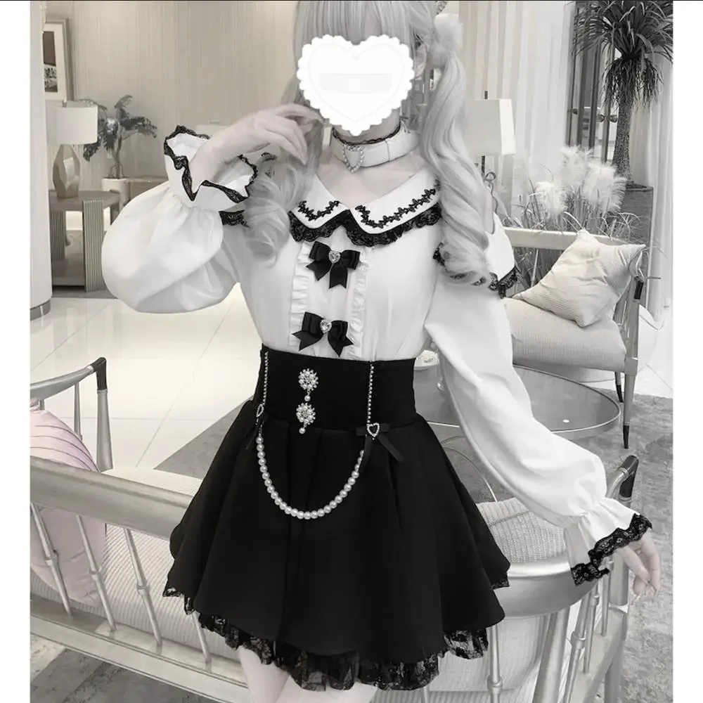 Фото Японская шахта массового производства Love Choker, рубашка с длинными рукавами, топ, жемчужная юбка для тяжелой промышленности, комплект из 2 предметов, наряды Лолиты Y2k №3