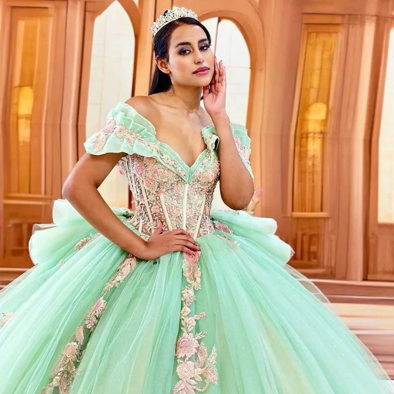 Фото ANGELSBRIDEP цыпленок шалфея зеленые рюши Quinceanera платья бальное платье с 3D цветочной аппликацией строгие Выпускные платья №2