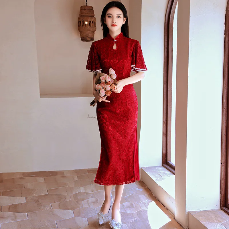 Новинка, пикантное кружевное банкетное платье Qipao с бабочками, элегантные платья в китайском стиле, традиционное платье, длинное платье невесты