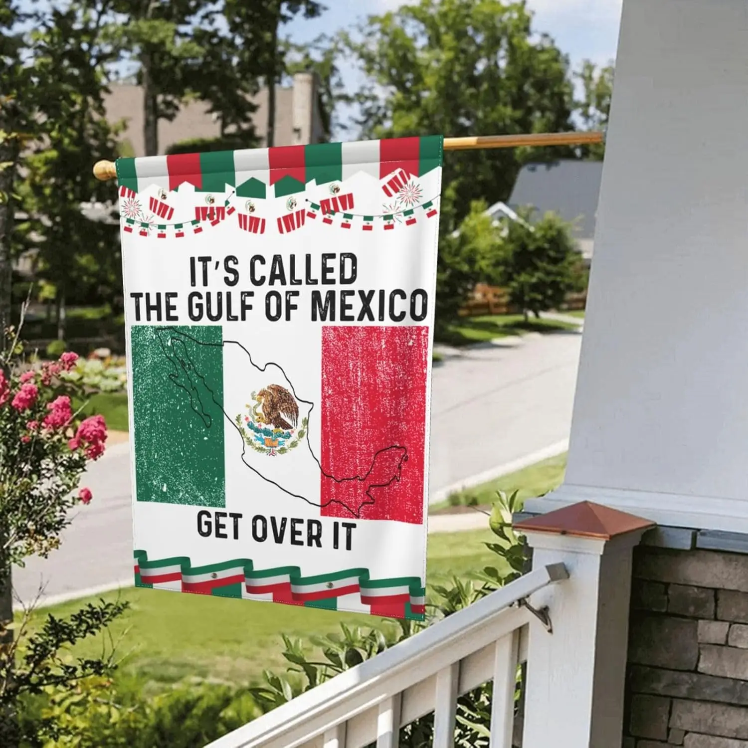 Фото Его под названия Gulf-Of-Mexico Get Over It Садовый флаг Мексиканская карта Двусторонний двор Флаг 12X18 Праздничная вечеринка Открытый знак дома №5