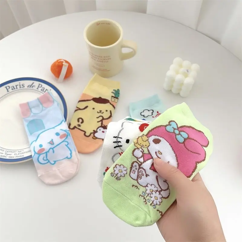 5 пар носков Sanrio Hello Kitty, короткие носки-лодочки в стиле Харадзюку, милые женские хлопковые чулки с принтом Kawaii, оптовая продажа